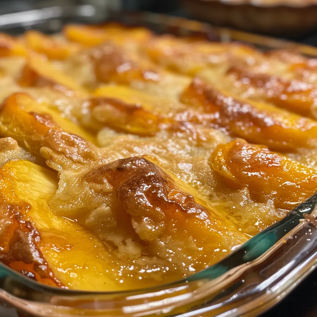 Side angle of a bubbling peach cobbler with a flaky topping.