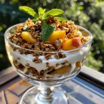 Clear glass filled with a Peach Yogurt Breakfast Parfait, featuring vibrant peach slices, creamy yogurt, and crunchy granola.