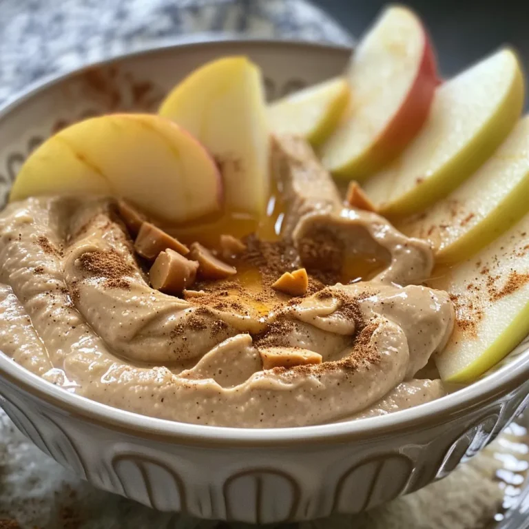 Juicy Peanut Butter Apple Dip surrounded by fresh apple slices on a wooden table.