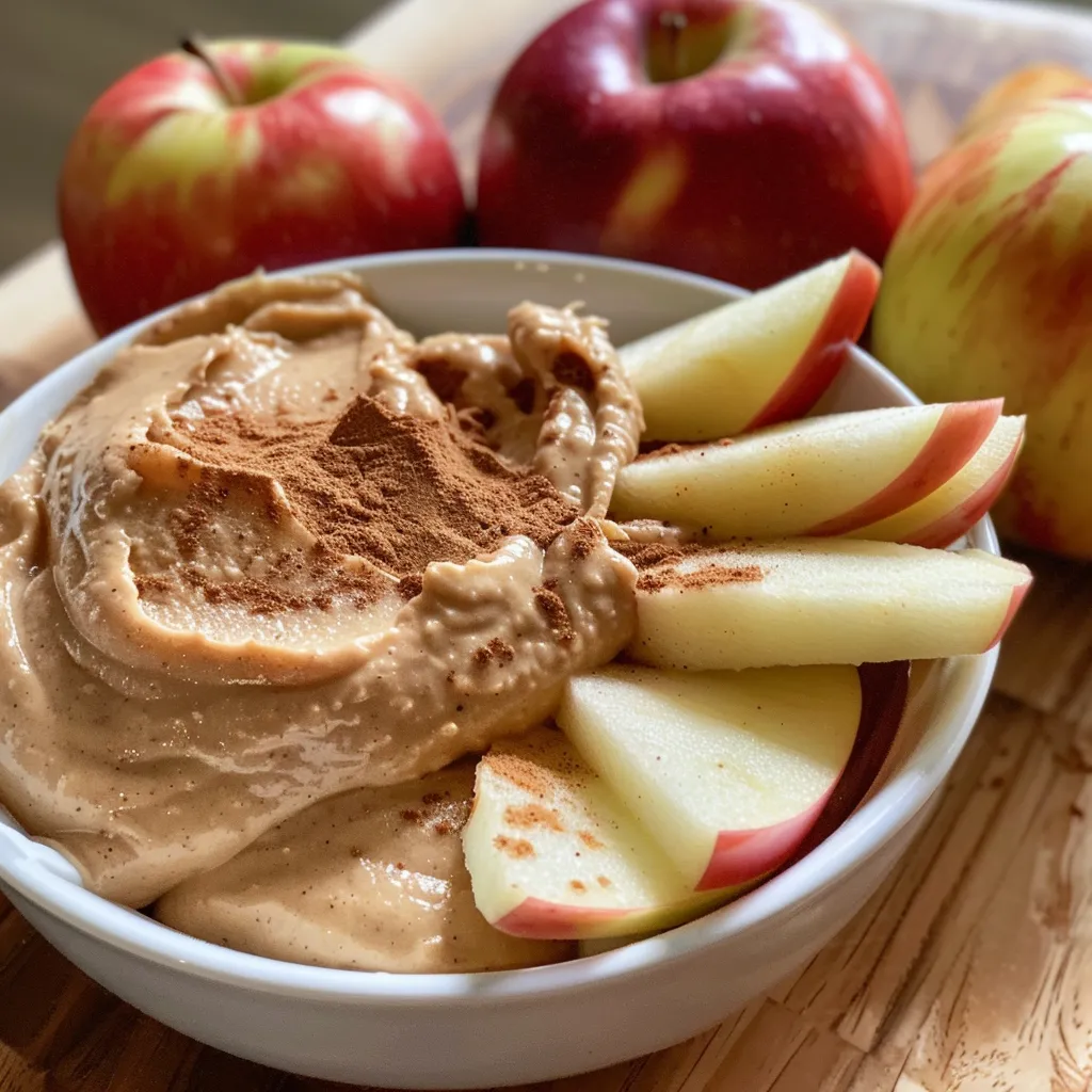A bowl of Peanut Butter Apple Dip with slices of red and green apples nearby.