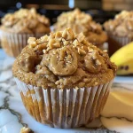 A stack of deliciously baked peanut butter banana muffins with a soft texture.