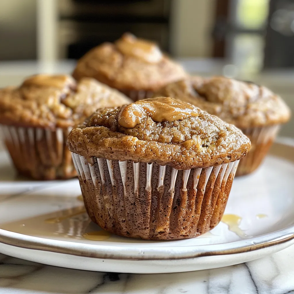 Tasty peanut butter and banana muffins displayed on a wooden table.