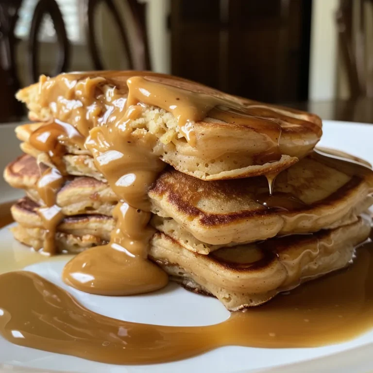 Close-up of fluffy peanut butter pancakes stacked on a plate.