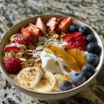 Side view of a creamy protein pancake bowl with vibrant berries and nuts.