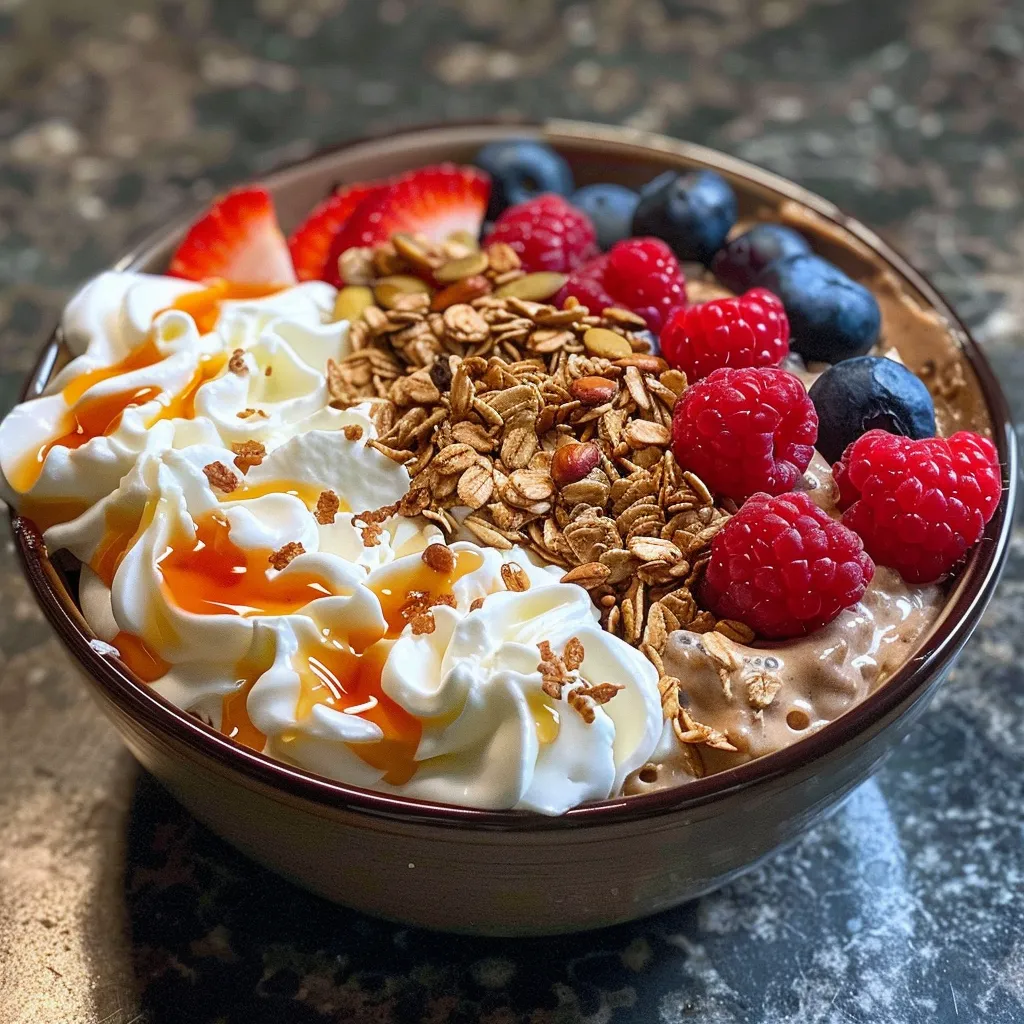 A tantalizing protein pancake bowl featuring yogurt and colorful fruit toppings.