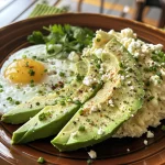 A vibrant dish showcasing cottage cheese topped with eggs and fresh avocado, arranged attractively.