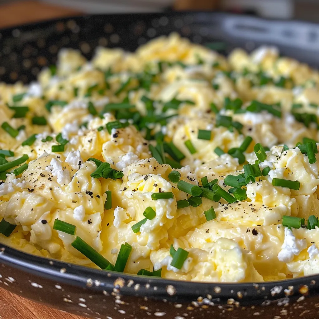 Dish of scrambled eggs with cottage cheese, pepper, and herbs, ready to serve.