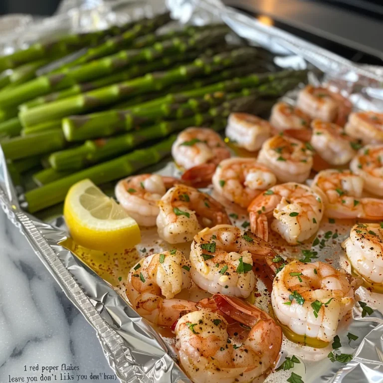 Juicy shrimp and asparagus, garnished with herbs on a baking sheet.
