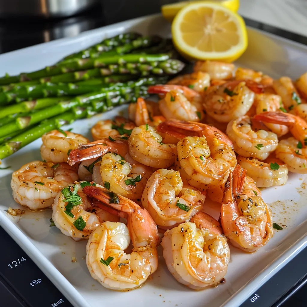 Colorful display of lemon garlic shrimp alongside fresh asparagus.