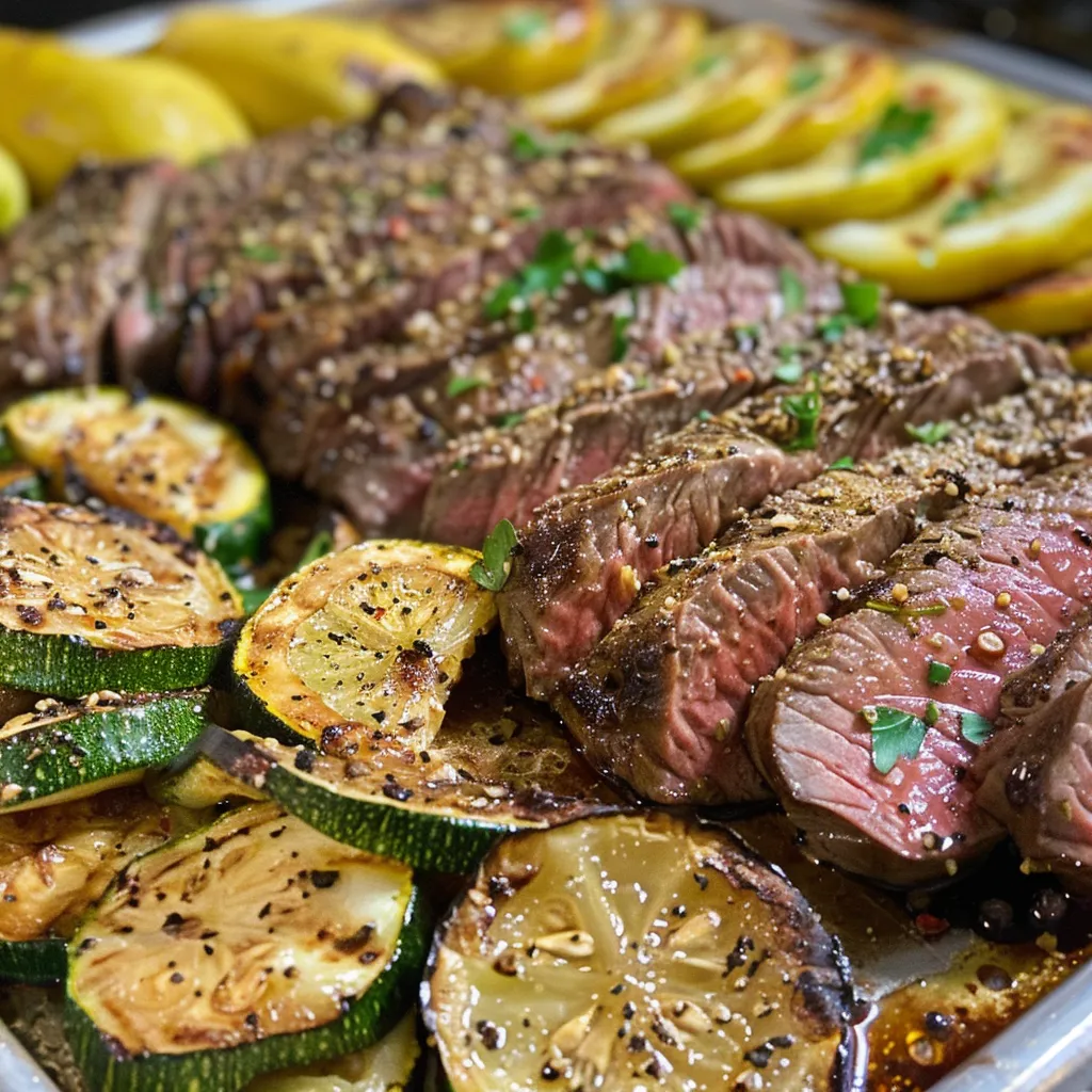 A vibrant arrangement of steak and lemon zucchini on a metallic baking sheet.