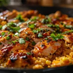 Juicy BBQ chicken and rice skillet with a glossy glaze, featuring optional toppings like corn and black beans.