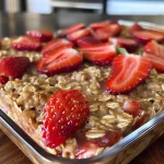 Juicy strawberry baked oatmeal in a rustic bowl, showcasing its texture.