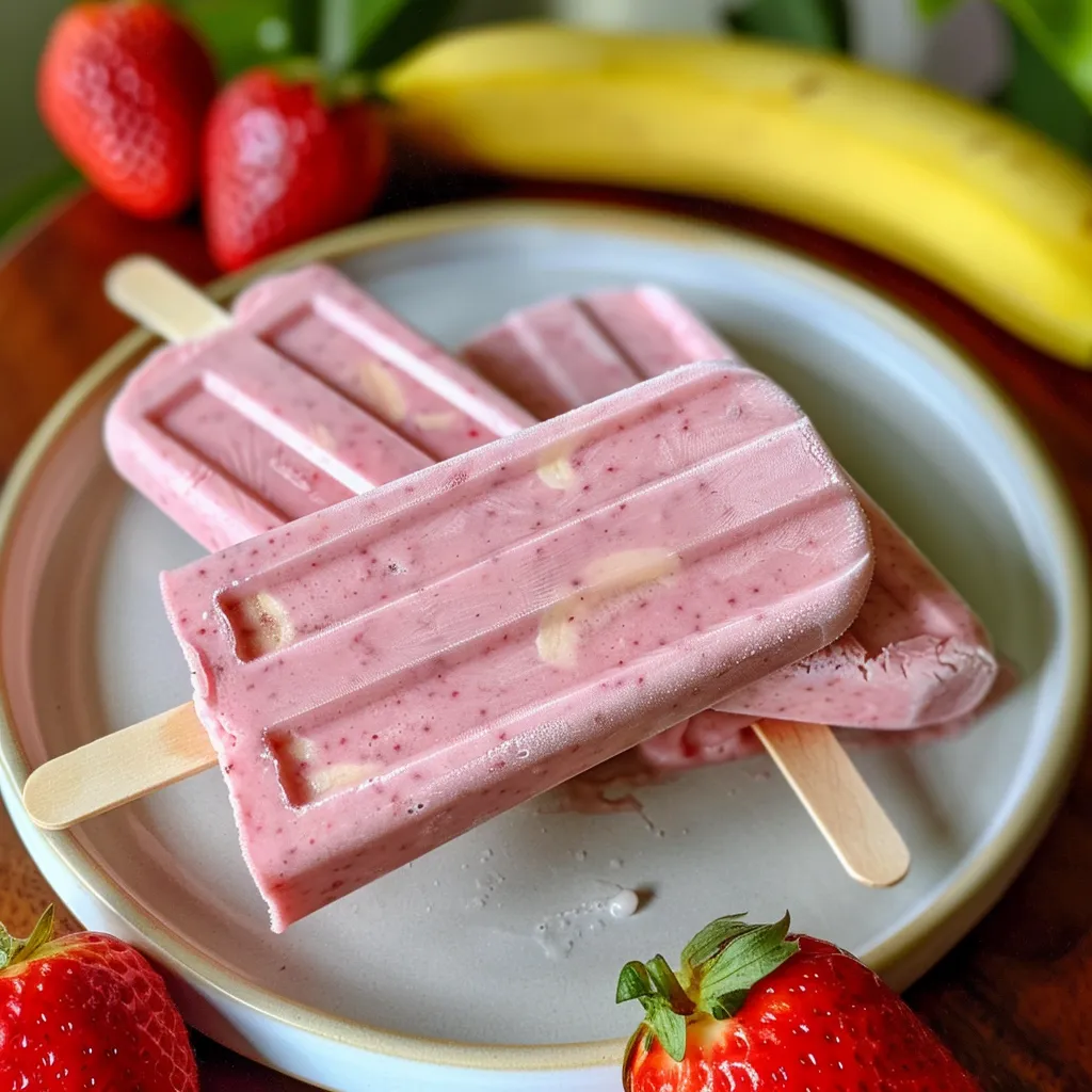 Colorful popsicles made from strawberries and bananas, set against a simple background.