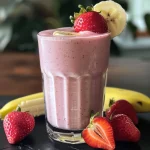 Close-up view of a Strawberry Banana Smoothie in a glass with a straw, showcasing vibrant colors.