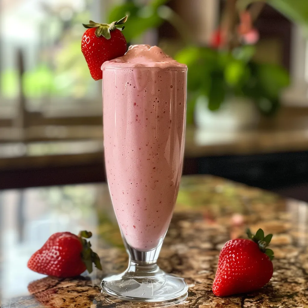 Side profile of a refreshing Strawberry Banana Smoothie, highlighting its creamy texture and fruity ingredients.