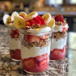 Colorful yogurt jars featuring fresh strawberries and banana slices, arranged artistically.