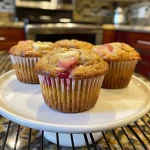 Delicious Strawberry Banana Yogurt Muffins displayed on a rustic wooden table.