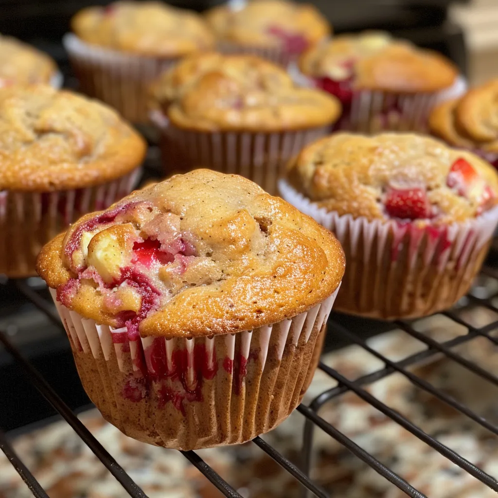 A tempting stack of Strawberry Banana Muffins with a soft, fluffy texture.