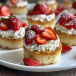 Close-up view of strawberry shortcake cups filled with fresh strawberries and whipped cream.