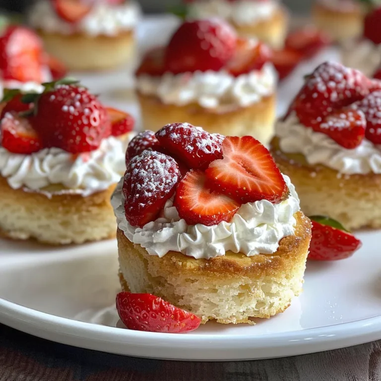 Close-up view of strawberry shortcake cups filled with fresh strawberries and whipped cream.