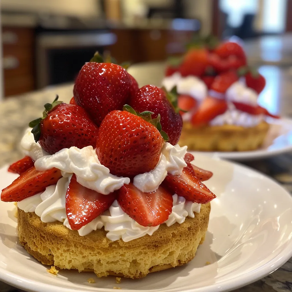Side perspective of a strawberry shortcake cup showcasing layers of sponge cake and strawberries.