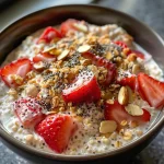 Detailed look at a jar of Strawberry Shortcake Overnight Oats, showcasing the layers of oats and yogurt.
