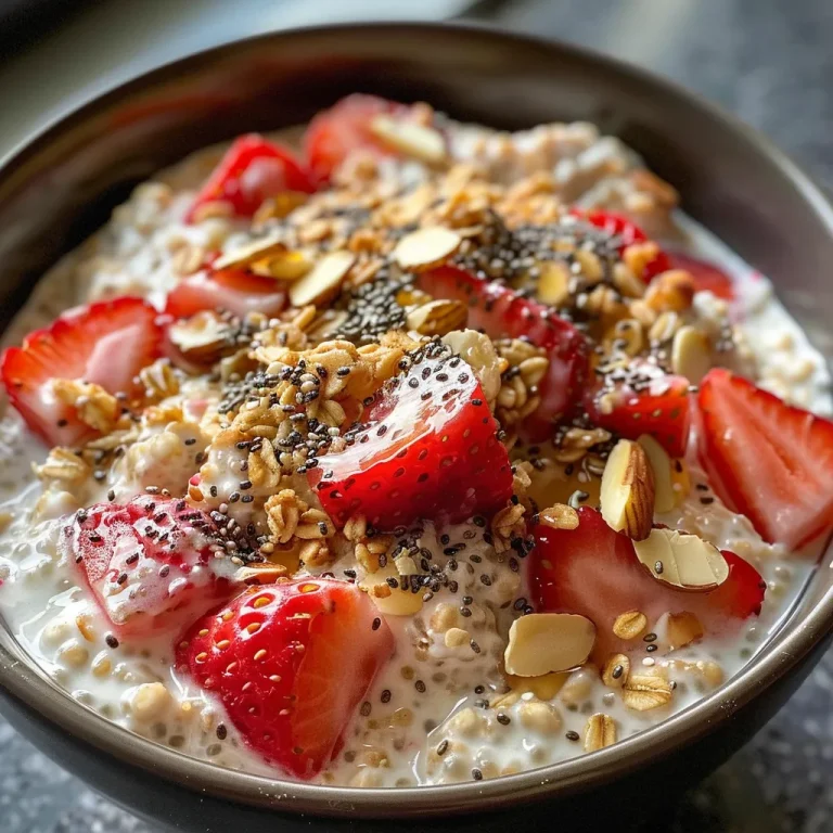 Effortless Strawberry Shortcake Overnight Oats for a Delicious Start Detailed look at a jar of Strawberry Shortcake Overnight Oats, showcasing the layers of oats and yogurt.