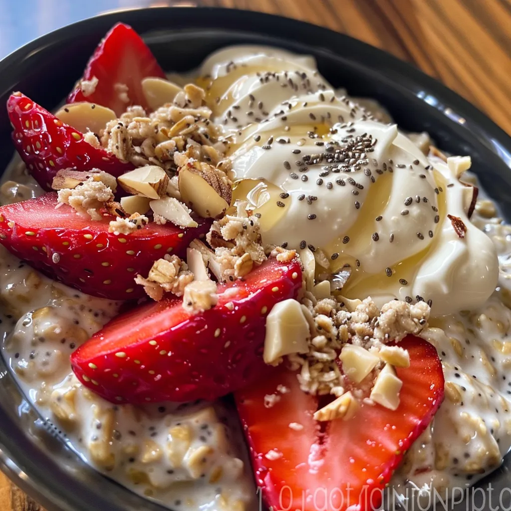 Close-up of a vibrant strawberry overnight oats dish, highlighting the fresh ingredients and textures.
