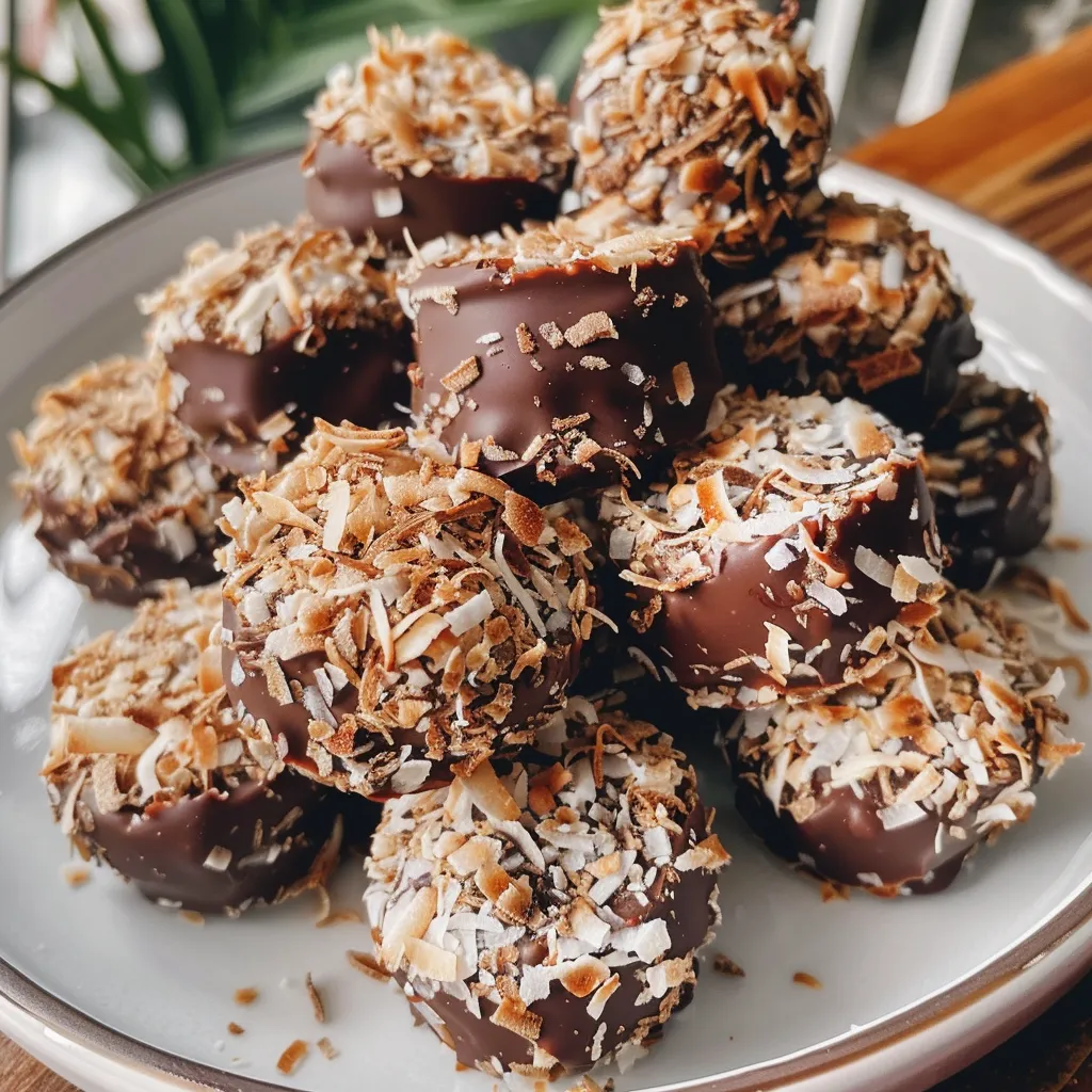 Detailed image of Sugar-Free Chocolate Coconut Clusters, focusing on the glossy chocolate exterior and coconut flakes.