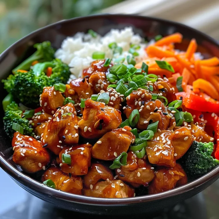 Juicy Sweet & Spicy Hot Honey Chicken Bowl showcasing chicken pieces, rice, and vibrant vegetables.