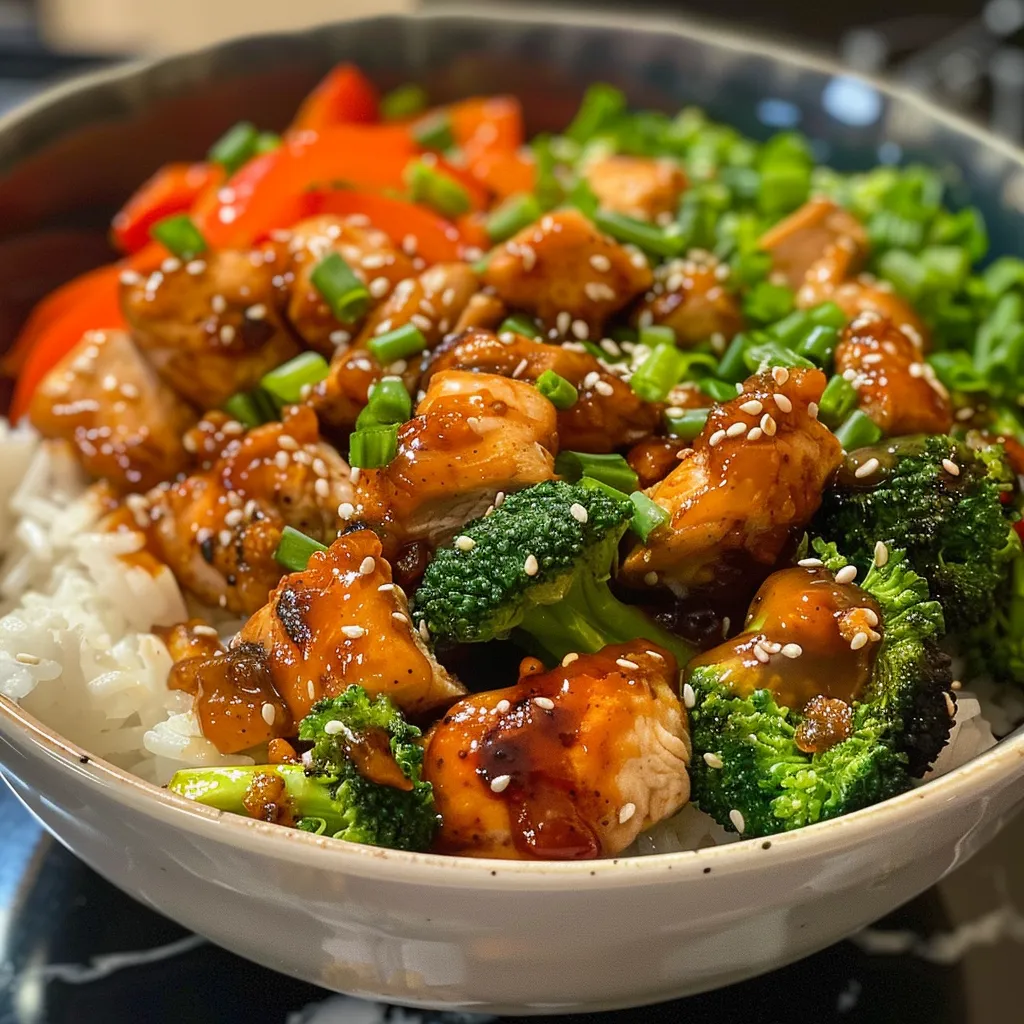 Delicious looking Sweet & Spicy Hot Honey Chicken Bowl filled with rice and fresh vegetables.