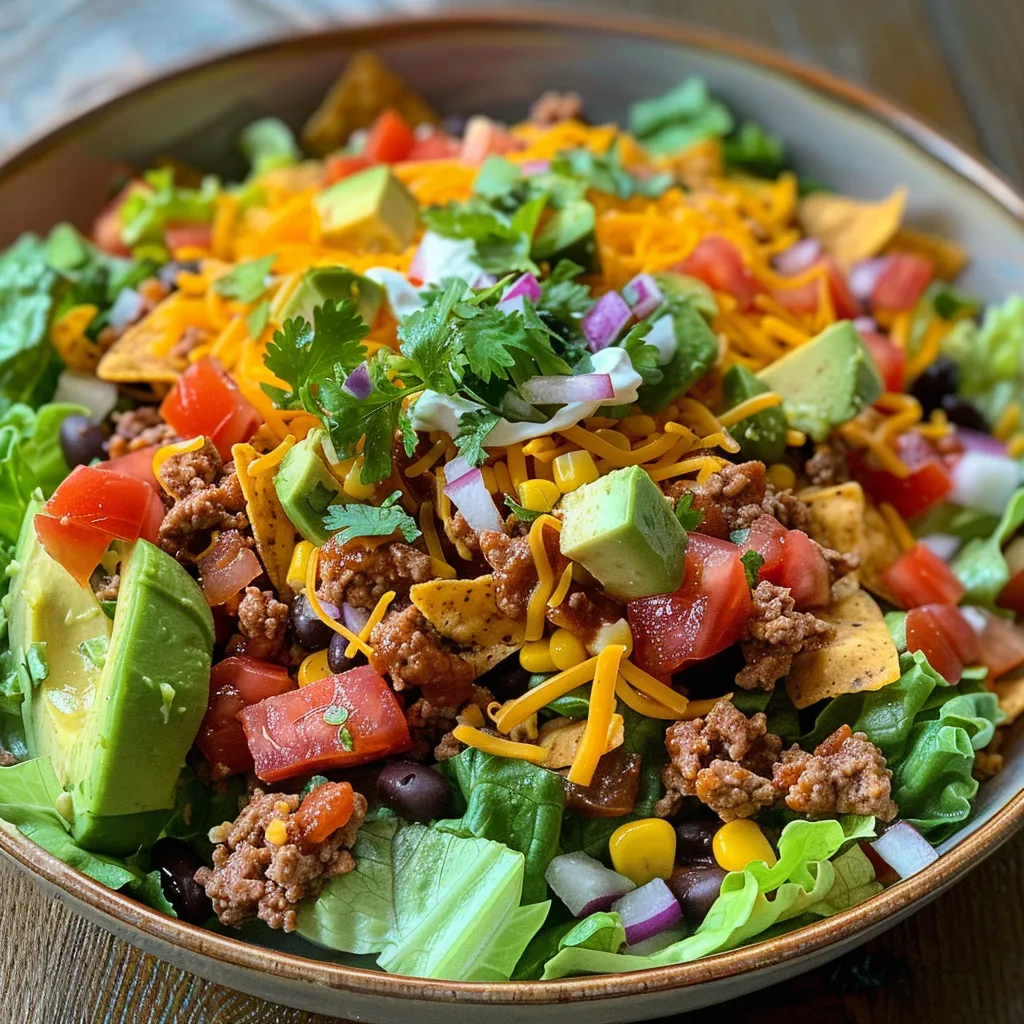 Detailed shot of a taco salad with fresh romaine lettuce and lime, garnished with salsa and sour cream.