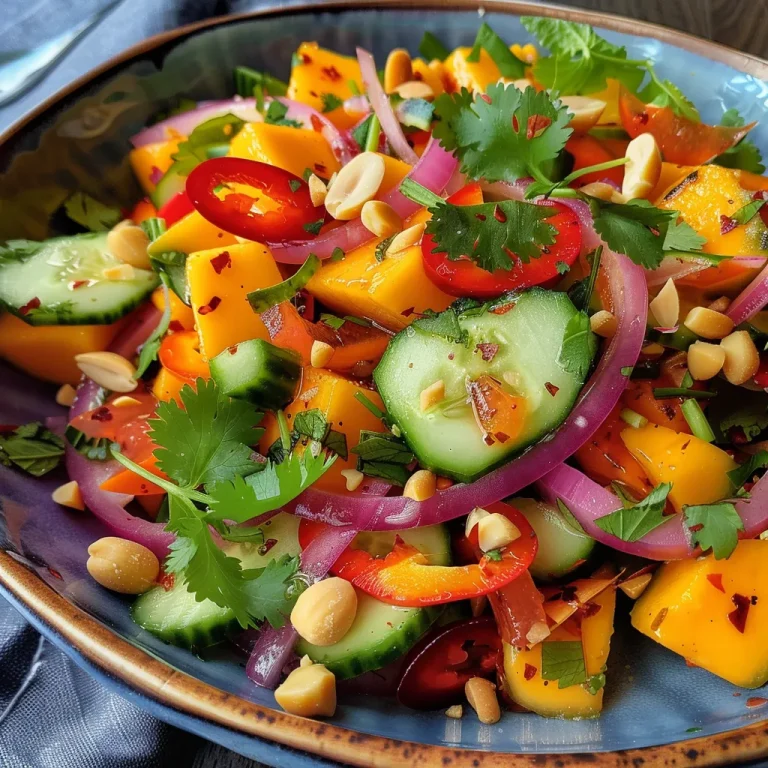 Juicy slices of mango and cucumber in a fresh Thai salad with red onion and peanuts.