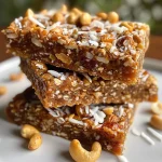 A detailed shot of toasted cashew coconut bars highlighting their nutty and coconut flakes.