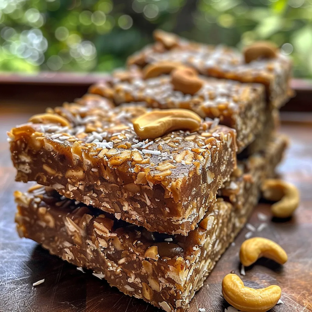 Close-up of cashew coconut bars revealing the rich, chewy texture and nut topping.