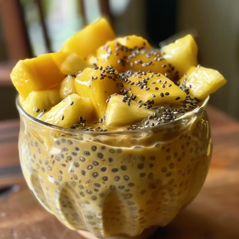 Colorful chia pudding cup filled with pineapple and mango, set against a light background.