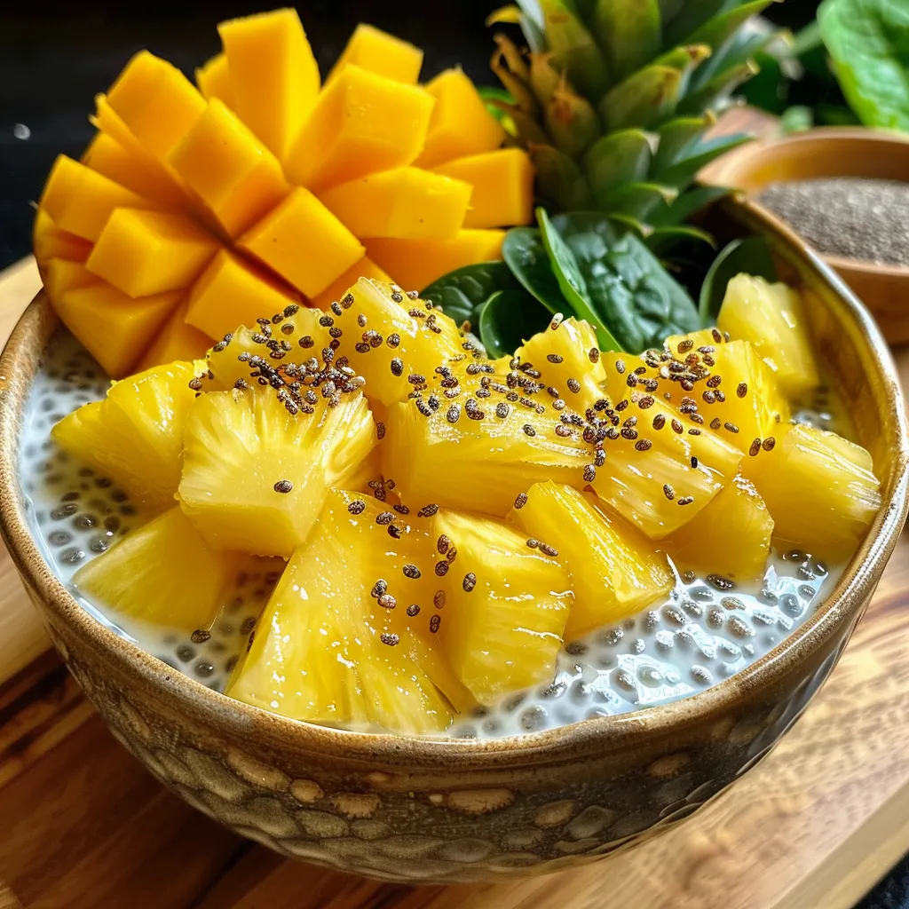 Detailed shot of chia pudding with bright green spinach, topped with slices of tropical fruit.