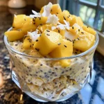 Delicious Tropical Mango Coconut Overnight Oats with a smooth texture, garnished with juicy mango pieces.