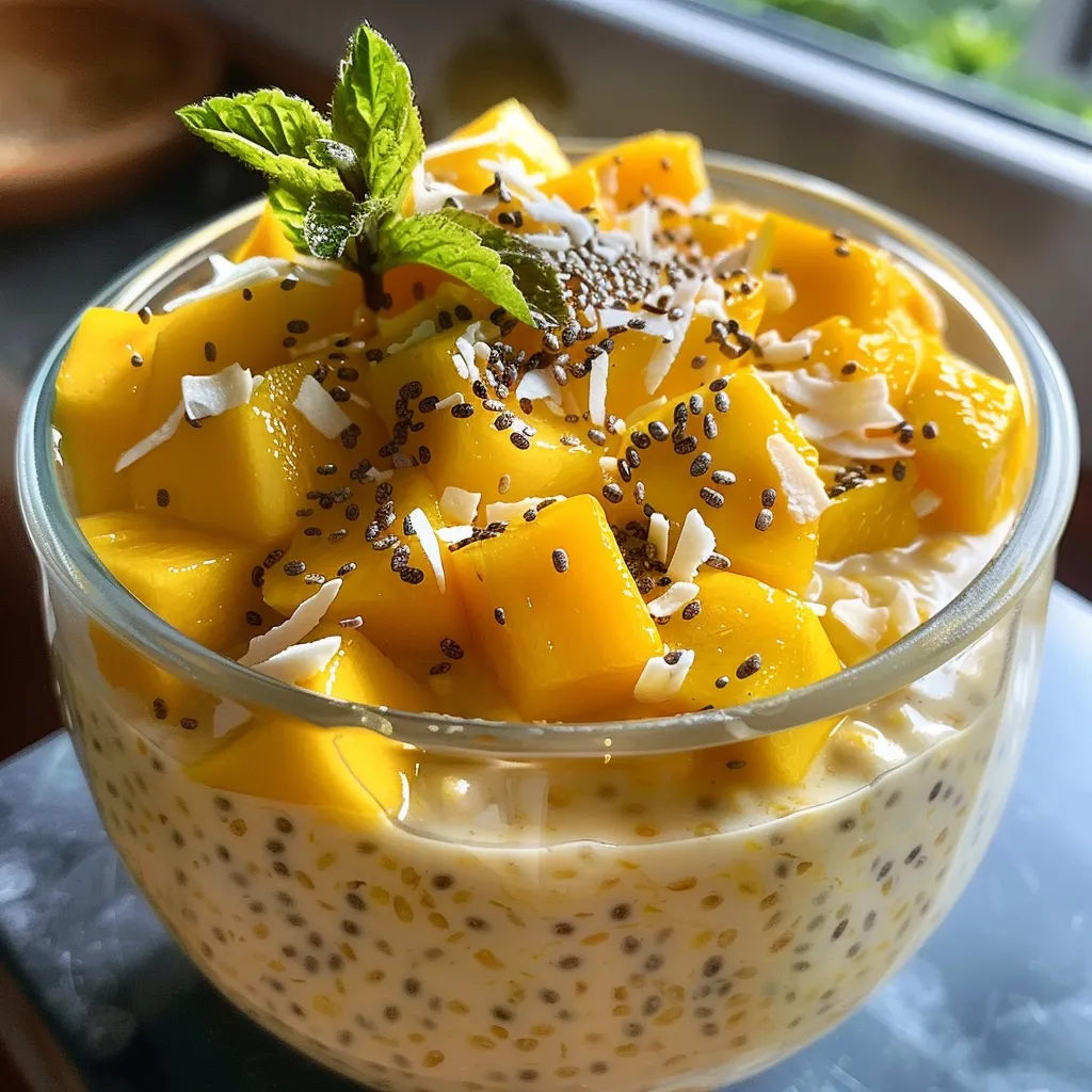 A colorful bowl of overnight oats with visible layers of coconut and fresh mango pieces.