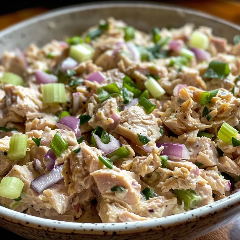 Close-up view of a creamy tuna salad with visible ingredients like celery and red onion.