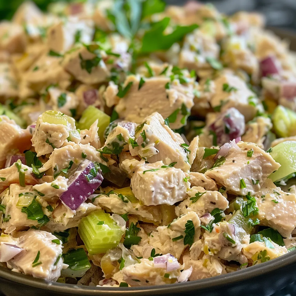 Side perspective of a bowl filled with tuna salad, showcasing its chunky texture.
