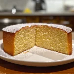 Close-up side view of a fluffy vanilla sponge cake layered with strawberries and whipped cream.
