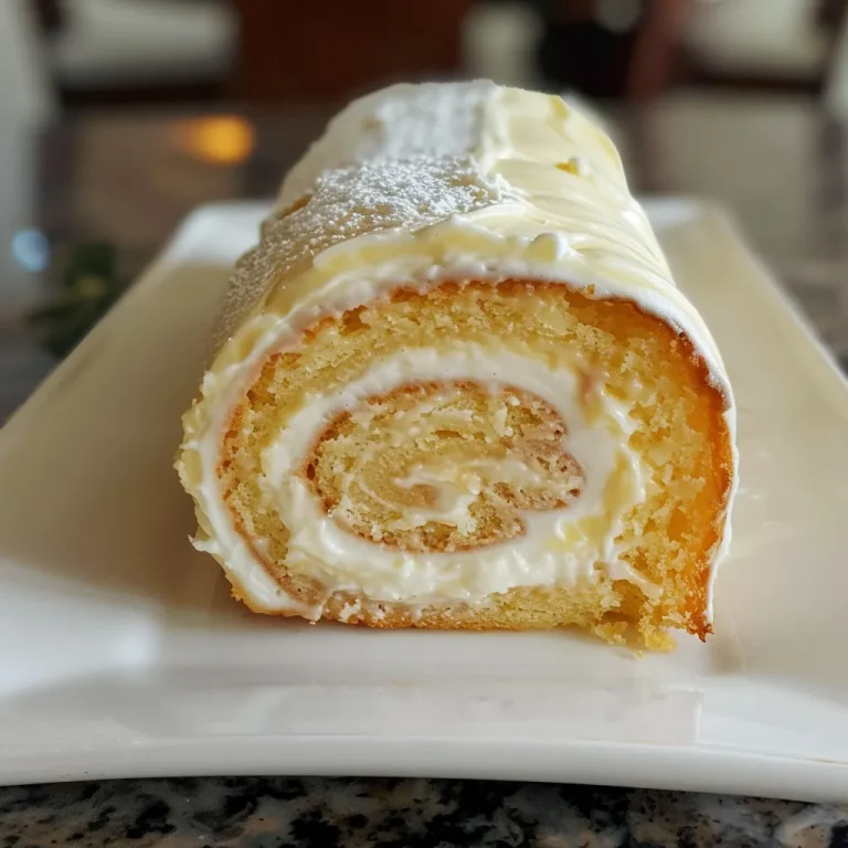 A close-up side view of a homemade Vanilla Swiss Roll Cake, showcasing its creamy filling and sponge texture.