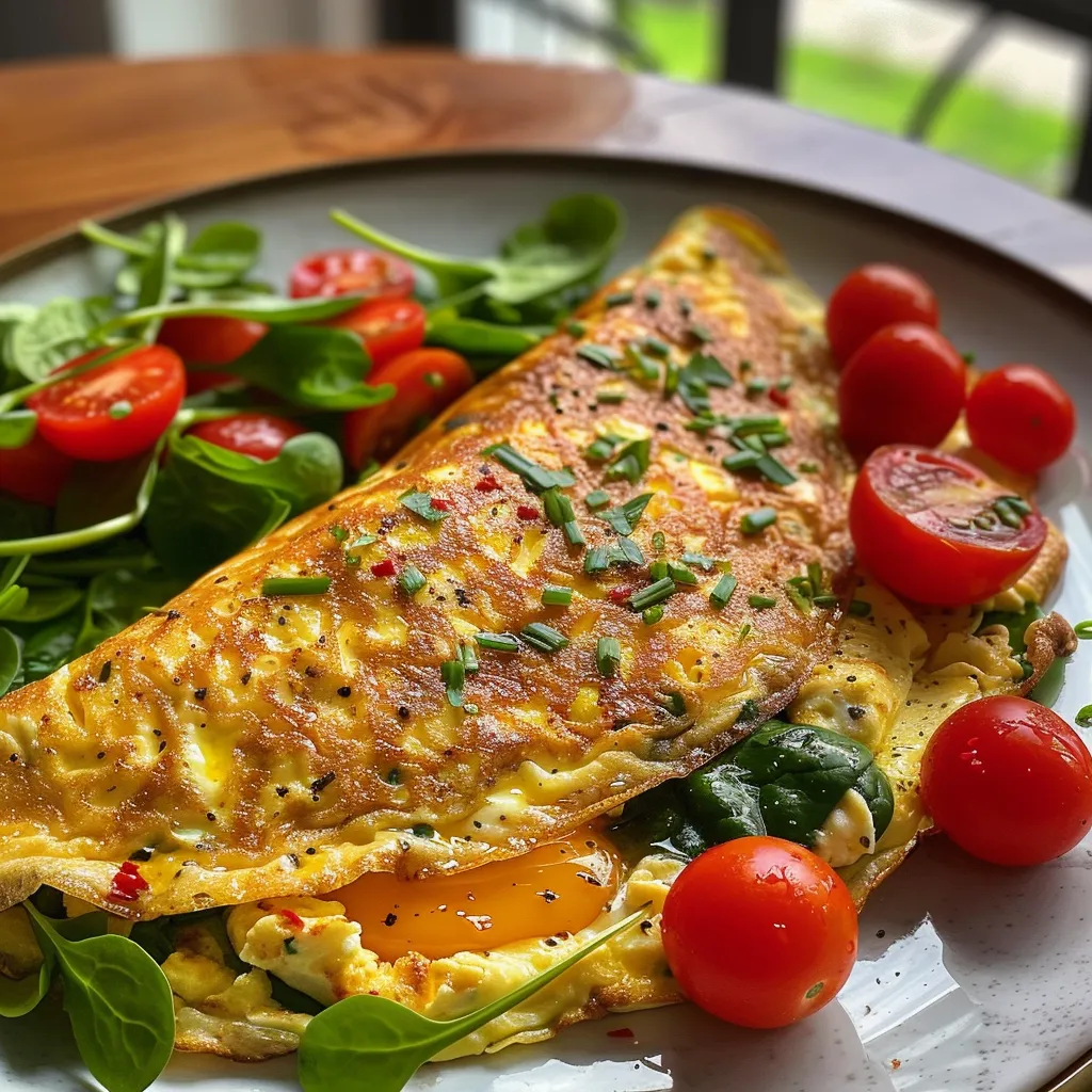 Side view of a delicious vegetarian omelette with red peppers, spinach, and cherry tomatoes.