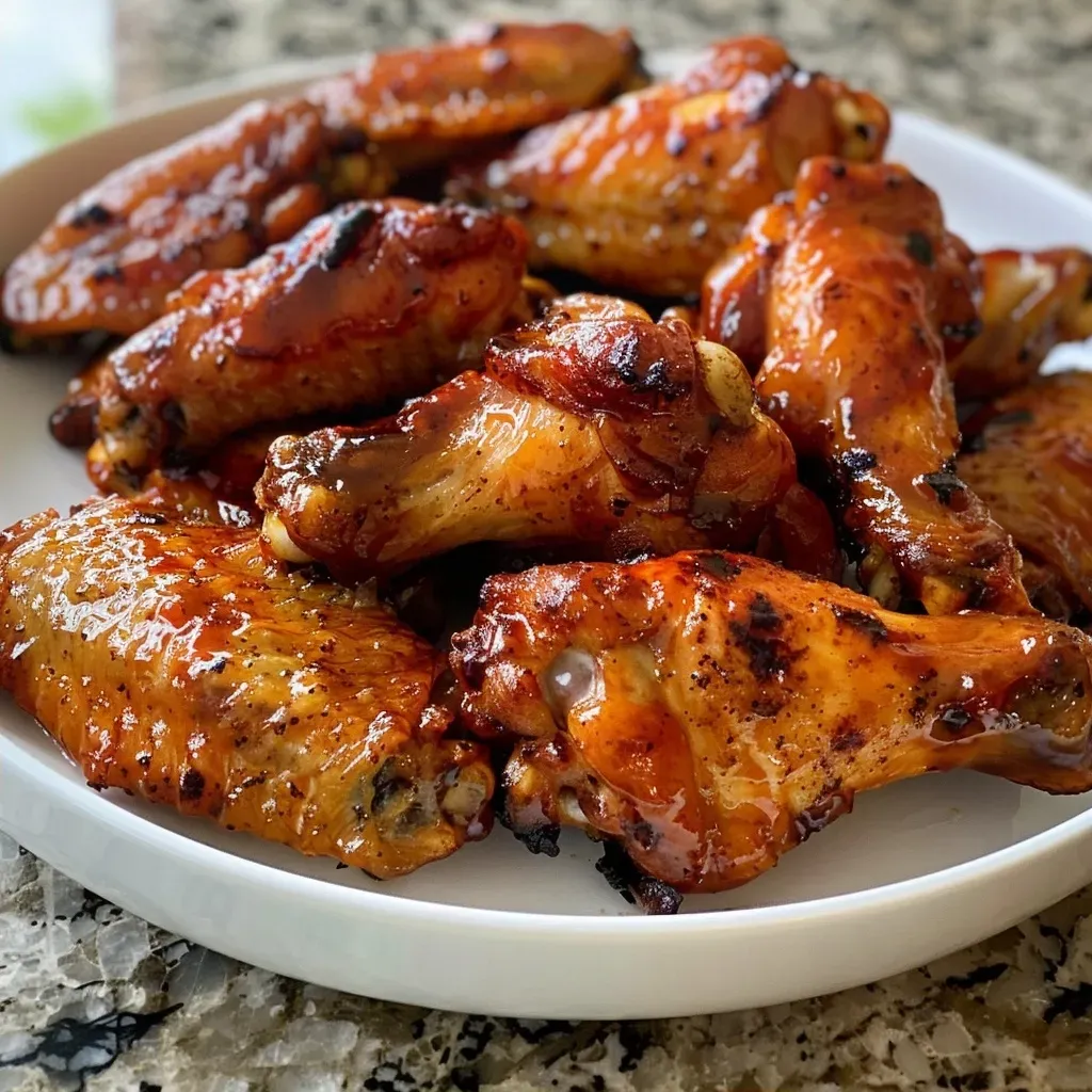 ['Juicy BBQ chicken wings in an air fryer basket, glistening with sauce.', 'Close-up view of crispy golden chicken wings coated in barbecue sauce.', 'Side view of succulent air-fried BBQ chicken wings ready to be served.', 'Appetizing chicken wings with a shiny glaze, arranged in an air fryer.']