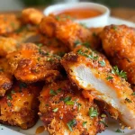 ['Juicy Air Fryer Buffalo Chicken pieces coated in crispy breading.', 'Close-up view of golden-brown Air Fryer Buffalo Chicken on a plate.', 'Generously sauced Air Fryer Buffalo Chicken bites ready to eat.', 'Air Fryer Buffalo Chicken with a crispy exterior and vibrant sauce.']