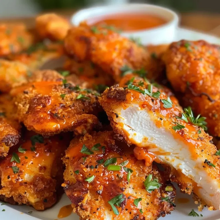 ['Juicy Air Fryer Buffalo Chicken pieces coated in crispy breading.', 'Close-up view of golden-brown Air Fryer Buffalo Chicken on a plate.', 'Generously sauced Air Fryer Buffalo Chicken bites ready to eat.', 'Air Fryer Buffalo Chicken with a crispy exterior and vibrant sauce.']