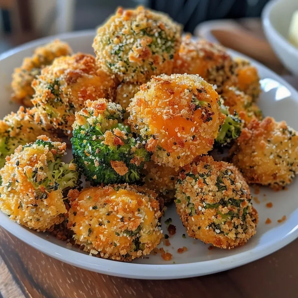 ['A close-up side view of golden-brown Air Fryer Cheddar Broccoli Bites on a white plate.', 'Juicy, crispy Air Fryer Cheddar Broccoli Bites arranged neatly, showcasing their texture.', 'A side perspective of deep-fried Cheddar Broccoli Bites, highlighting their crunchy exterior.', 'A detailed shot of Air Fryer Cheddar Broccoli Bites, emphasizing the cheese and broccoli mix.']
