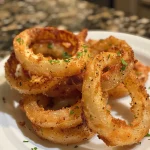 ['Close-up view of crispy air fryer frozen onion rings on a plate.', 'Side view of golden-brown onion rings cooked in an air fryer.', 'Juicy and crunchy onion rings from the air fryer, arranged on a white plate.', 'Appetizing frozen onion rings freshly cooked in an air fryer, showing texture.']
