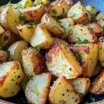['Close-up view of golden-brown ranch potatoes in a bowl, glistening with olive oil.', 'Side view of crispy Air Fryer ranch potatoes topped with herbs, served in a white dish.', 'Deliciously cooked Yukon gold potatoes, seasoned and golden, presented attractively.', 'Juicy ranch-style potatoes displayed in a rustic bowl, showcasing their crispy texture.']